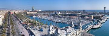 Barcelona’s Port Vell marina and waterfront seen from above.