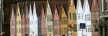 Colourful wooden warehouses of Bryggen along the waterfront in Bergen.