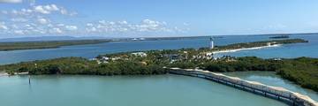 Aerial view of Harvest Caye from a cruise ship.